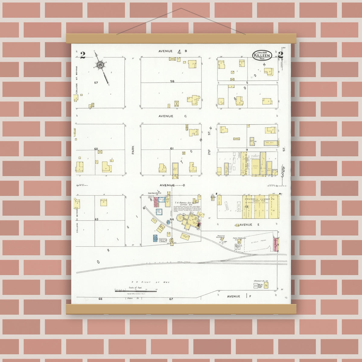 Old map wall art mockup — magnetic wood frame on brick wall — Sanborn Fire Insurance Map from Killeen, Bell County, Texas (1926), Sheet #0002