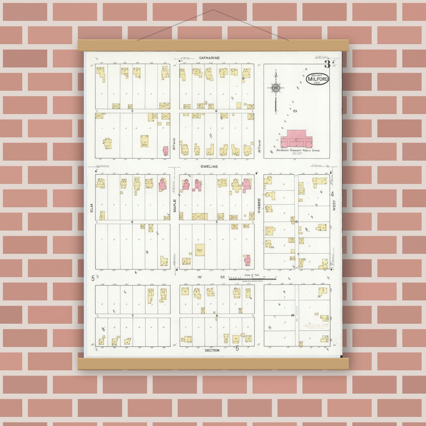 Old map wall art mockup — magnetic wood frame on brick wall — Sanborn Fire Insurance Map from Milford, Kosciusko County, Indiana (1917), Sheet #0003