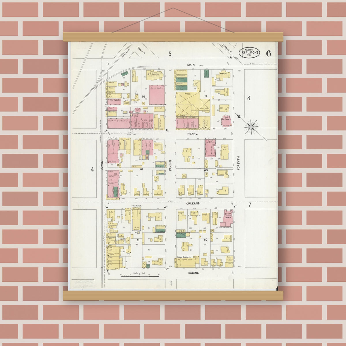 Old map wall art mockup — magnetic wood frame on brick wall — Sanborn Fire Insurance Map from Beaumont, Jefferson County, Texas (1902), Sheet #0006