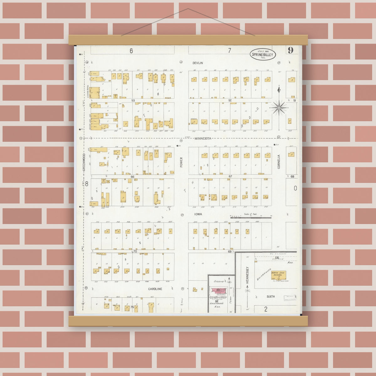 Old map wall art mockup — magnetic wood frame on brick wall — Sanborn Fire Insurance Map from Spring Valley, Bureau County, Illinois (1906), Sheet #0009