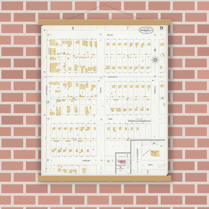 Old map wall art mockup — magnetic wood frame on brick wall — Sanborn Fire Insurance Map from Spring Valley, Bureau County, Illinois (1906), Sheet #0009