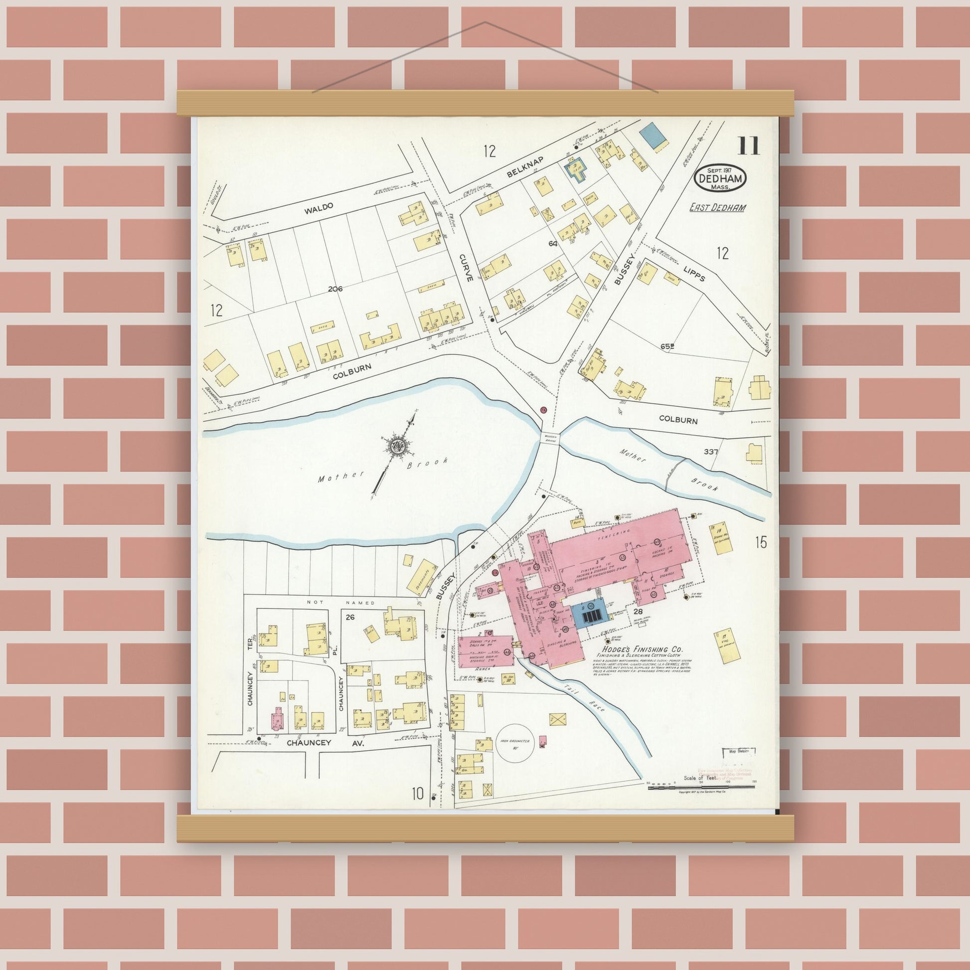 Old map wall art mockup — magnetic wood frame on brick wall — Sanborn Fire Insurance Map from Dedham, Norfolk County, Massachusetts (1917), Sheet #0011