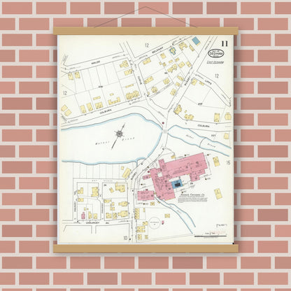 Old map wall art mockup — magnetic wood frame on brick wall — Sanborn Fire Insurance Map from Dedham, Norfolk County, Massachusetts (1917), Sheet #0011