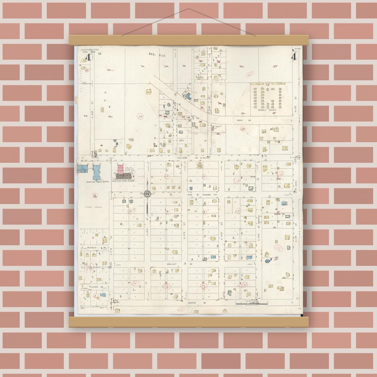 Old map wall art mockup — magnetic wood frame on brick wall — Sanborn Fire Insurance Map from Junction, Kimble County, Texas (1942), Sheet #0004