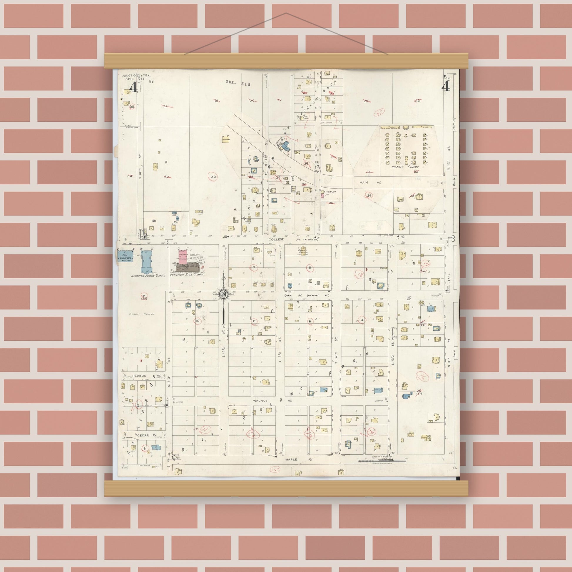 Old map wall art mockup — magnetic wood frame on brick wall — Sanborn Fire Insurance Map from Junction, Kimble County, Texas (1942), Sheet #0004