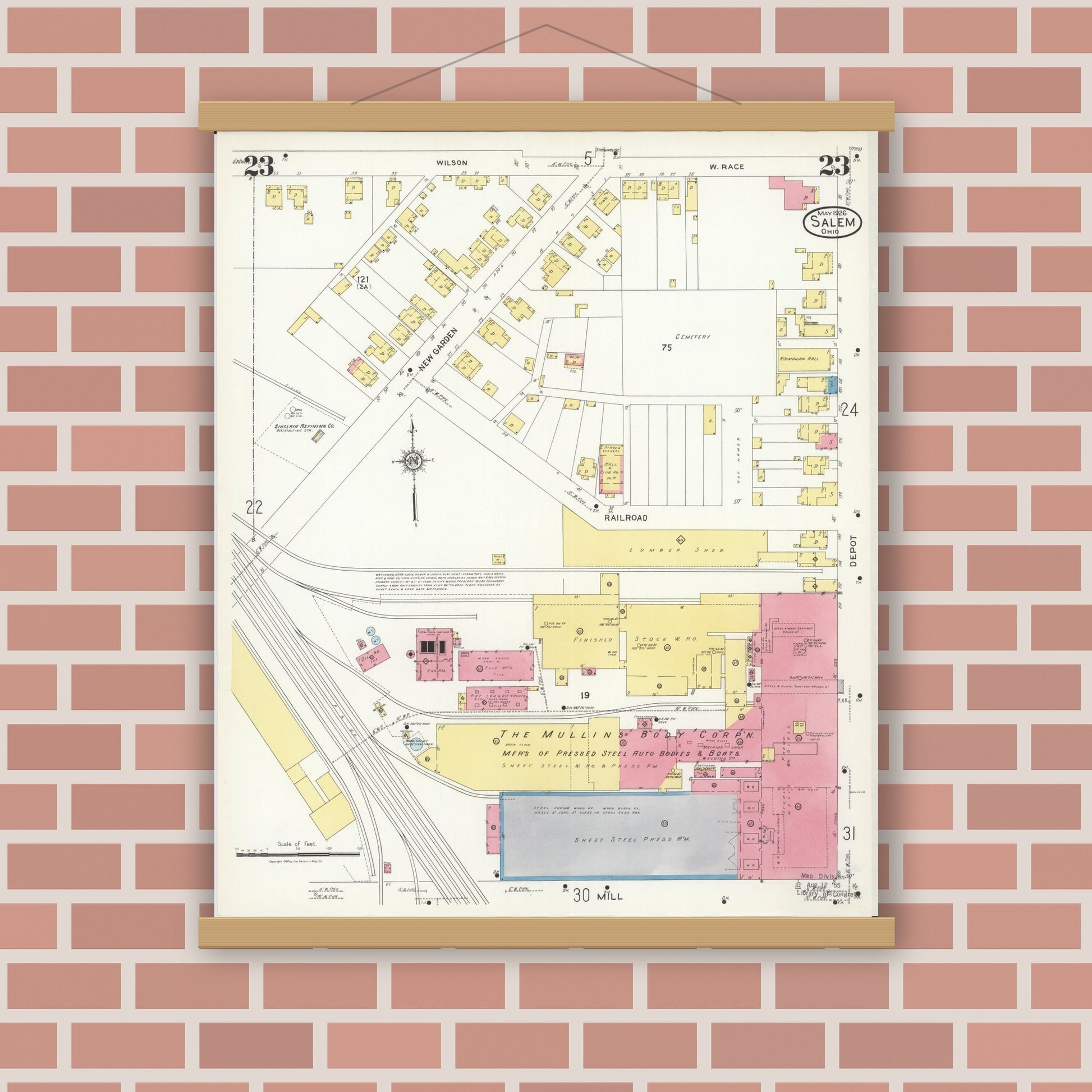 Old map wall art mockup — magnetic wood frame on brick wall — Sanborn Fire Insurance Map from Salem, Columbiana County, Ohio (1926), Sheet #0023