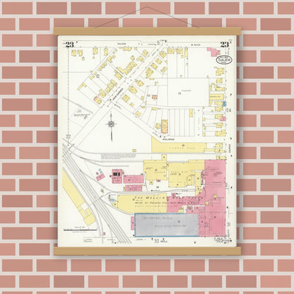 Old map wall art mockup — magnetic wood frame on brick wall — Sanborn Fire Insurance Map from Salem, Columbiana County, Ohio (1926), Sheet #0023