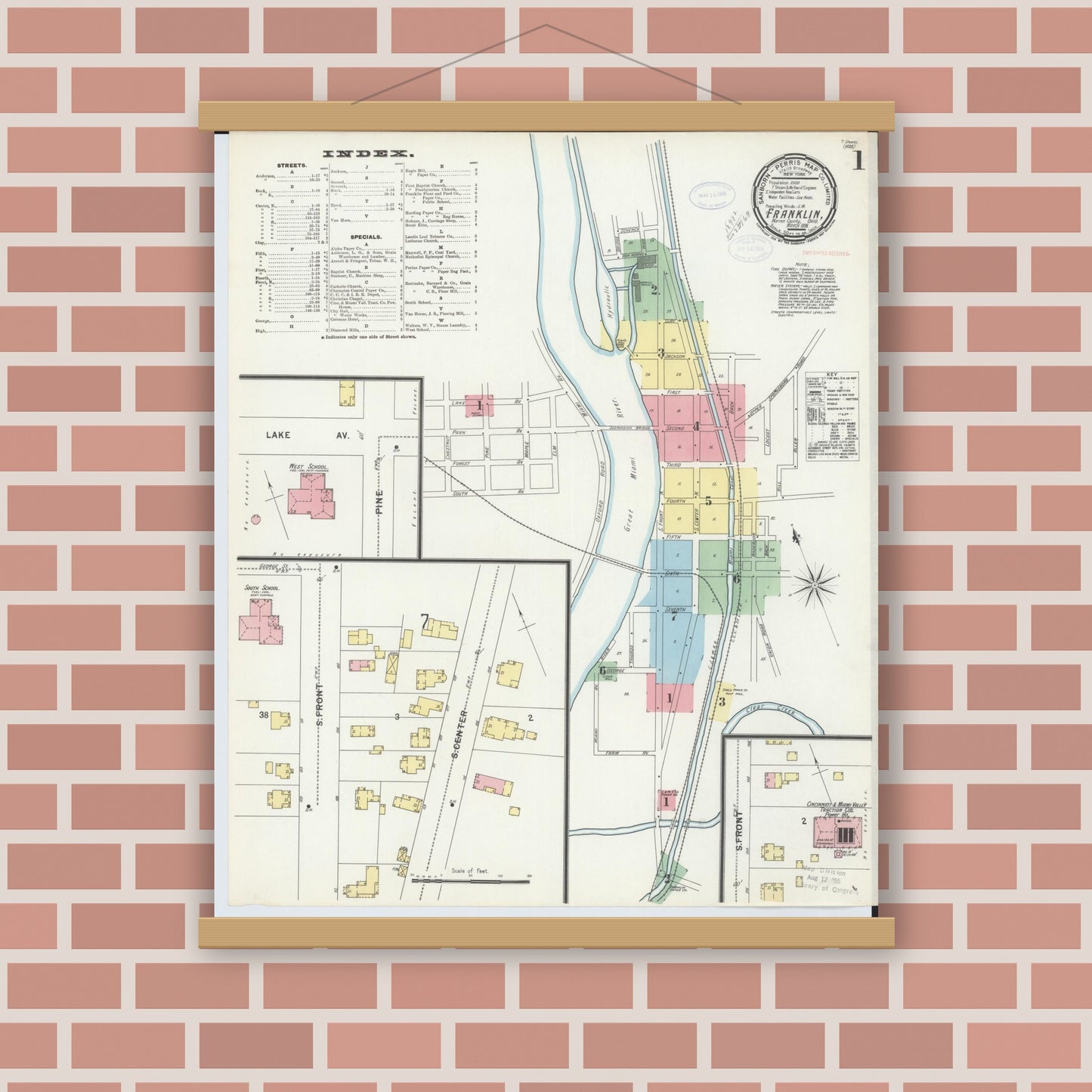 Old map wall art mockup — magnetic wood frame on brick wall — Sanborn Fire Insurance Map from Franklin, Warren County, Ohio (1898) - Complete Map Set