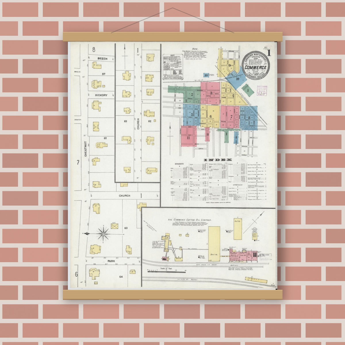 Old map wall art mockup — magnetic wood frame on brick wall — Sanborn Fire Insurance Map from Commerce, Hunt County, Texas (1906) - Complete Map Set