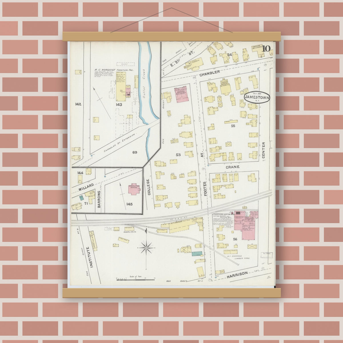 Old map wall art mockup — magnetic wood frame on brick wall — Sanborn Fire Insurance Map from Jamestown, Chautauqua County, New York (1891), Sheet #0010