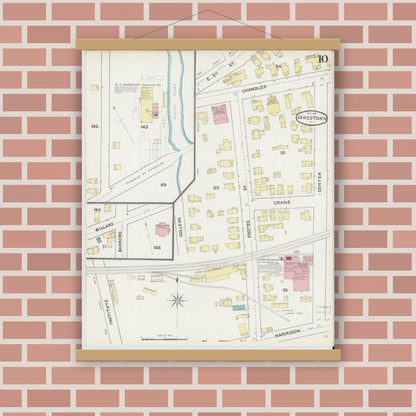 Old map wall art mockup — magnetic wood frame on brick wall — Sanborn Fire Insurance Map from Jamestown, Chautauqua County, New York (1891), Sheet #0010