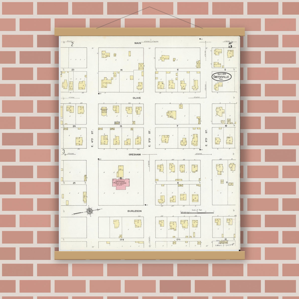 Old map wall art mockup — magnetic wood frame on brick wall — Sanborn Fire Insurance Map from Smithville, Bastrop County, Texas (1909), Sheet #0005
