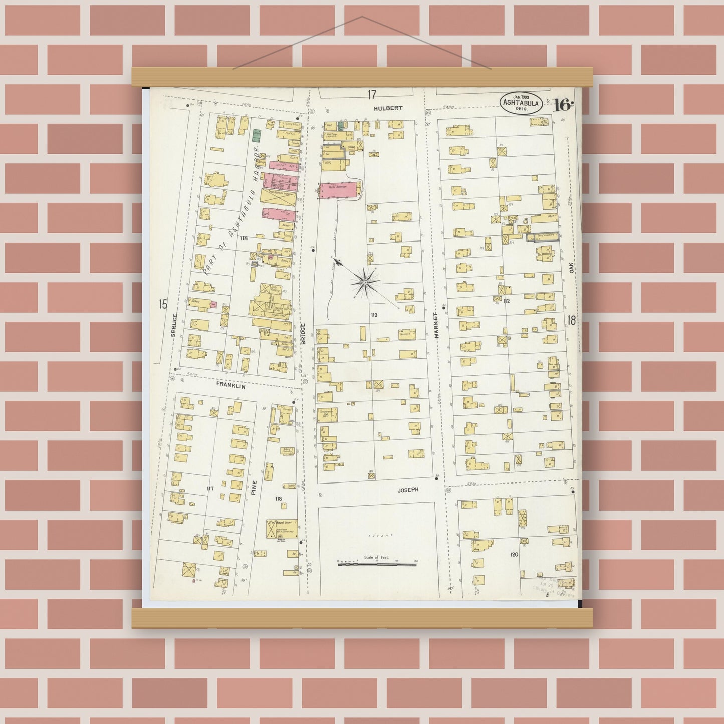 Old map wall art mockup — magnetic wood frame on brick wall — Sanborn Fire Insurance Map from Ashtabula, Ashtabula County, Ohio (1903), Sheet #0016
