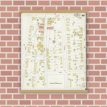 Old map wall art mockup — magnetic wood frame on brick wall — Sanborn Fire Insurance Map from Ashtabula, Ashtabula County, Ohio (1903), Sheet #0016