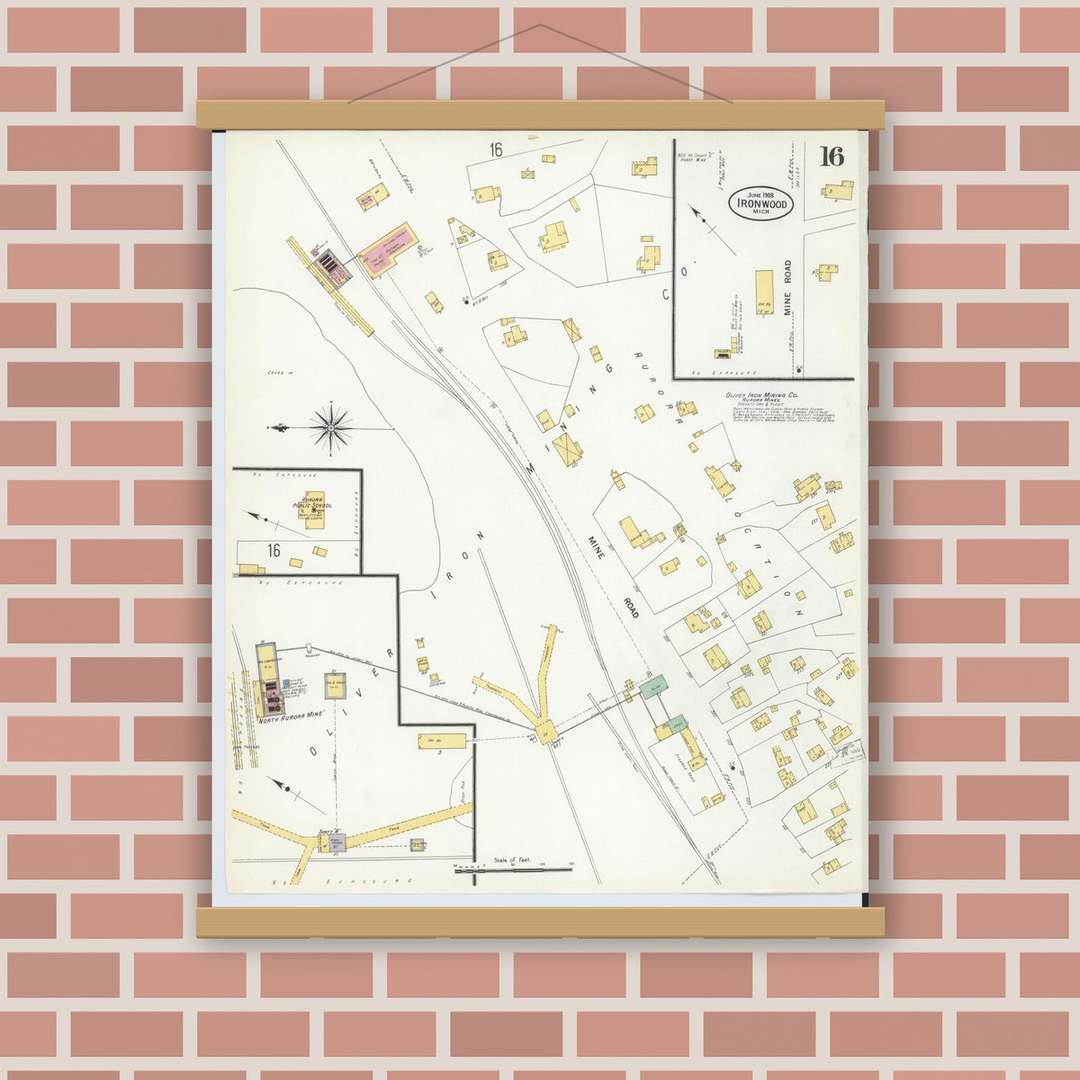 Old map wall art mockup — magnetic wood frame on brick wall — Sanborn Fire Insurance Map from Ironwood, Gogebic County, Michigan (1908), Sheet #0016