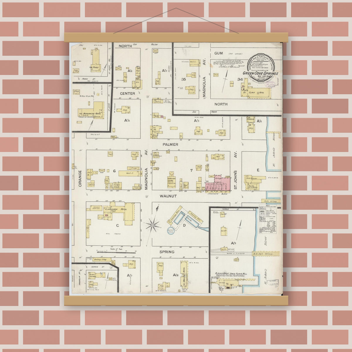Old map wall art mockup — magnetic wood frame on brick wall — Sanborn Fire Insurance Map from Green Cove Springs, Clay County, Florida (1887), Sheet #0001