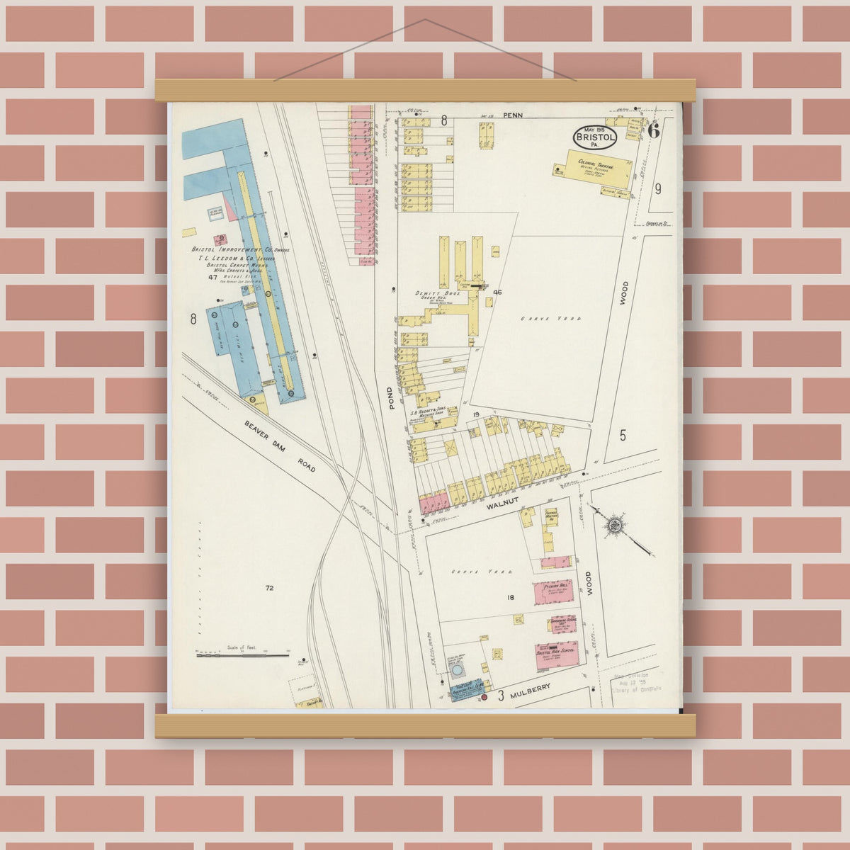 Old map wall art mockup — magnetic wood frame on brick wall — Sanborn Fire Insurance Map from Bristol, Bucks County, Pennsylvania (1915), Sheet #0006