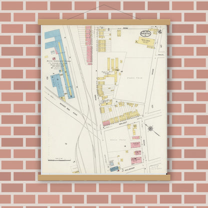 Old map wall art mockup — magnetic wood frame on brick wall — Sanborn Fire Insurance Map from Bristol, Bucks County, Pennsylvania (1915), Sheet #0006