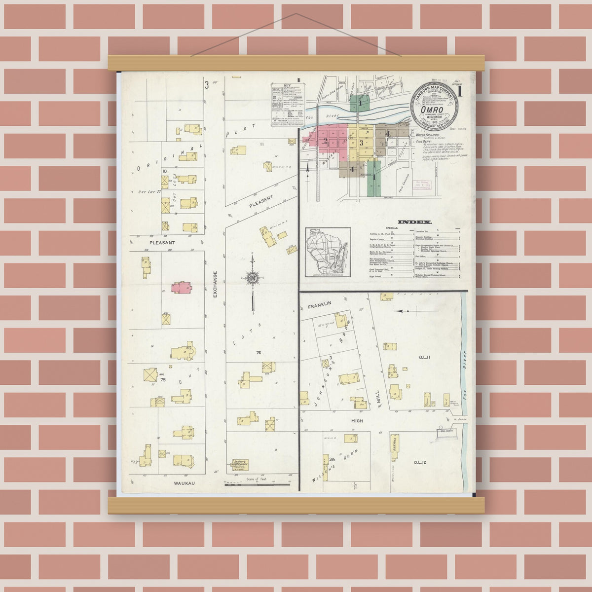 Old map wall art mockup — magnetic wood frame on brick wall — Sanborn Fire Insurance Map from Omro, Winnebago County, Wisconsin (1913) - Complete Map Set