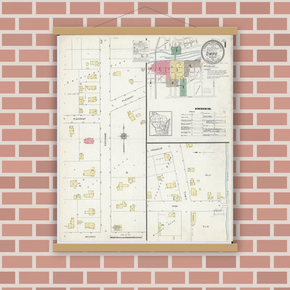 Old map wall art mockup — magnetic wood frame on brick wall — Sanborn Fire Insurance Map from Omro, Winnebago County, Wisconsin (1913) - Complete Map Set