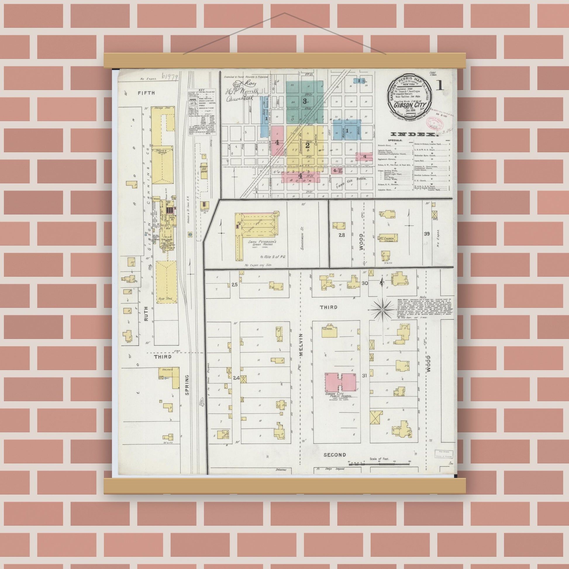 Old map wall art mockup — magnetic wood frame on brick wall — Sanborn Fire Insurance Map from Gibson City, Ford County, Illinois (1894) - Complete Map Set