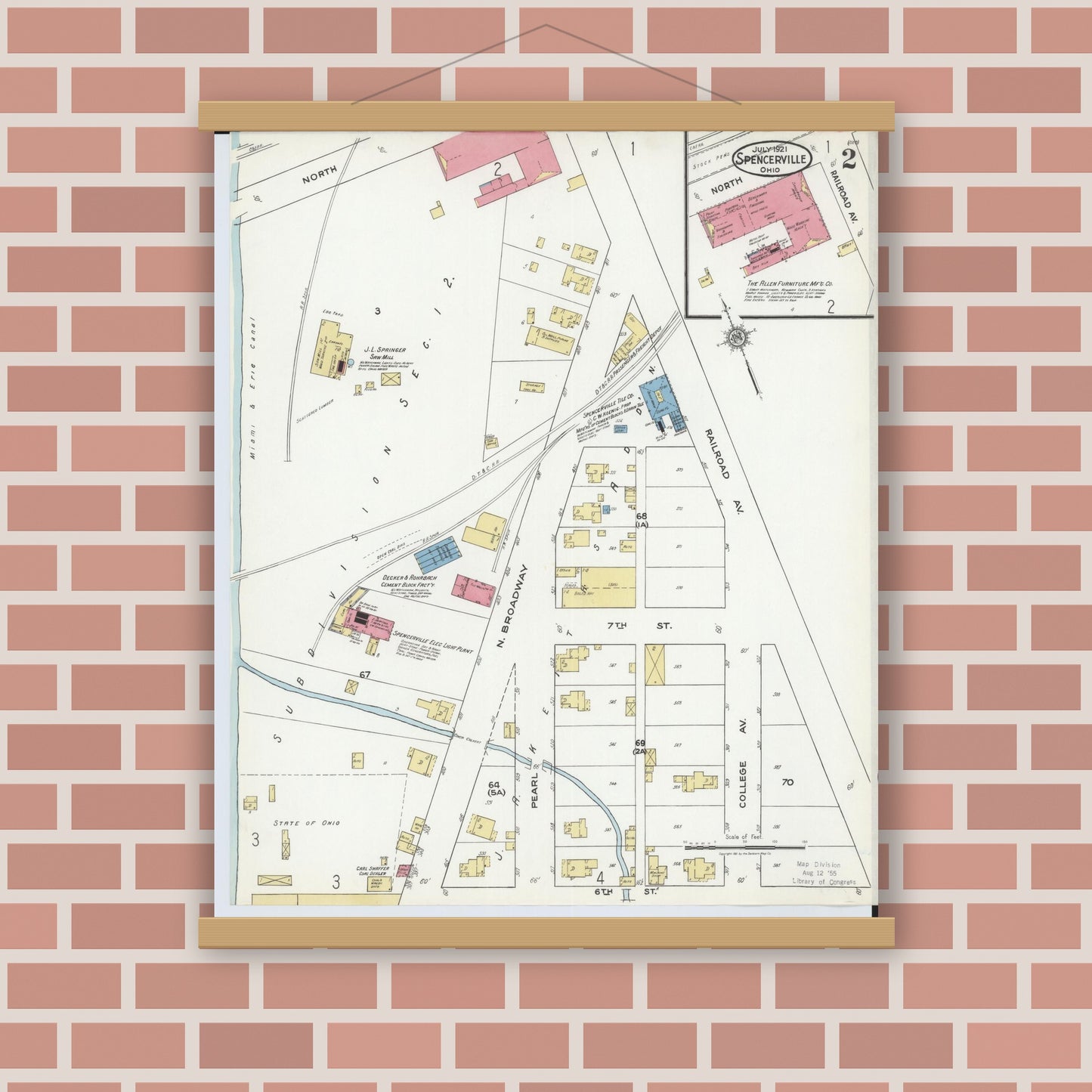 Old map wall art mockup — magnetic wood frame on brick wall — Sanborn Fire Insurance Map from Spencerville, Allen County, Ohio (1921), Sheet #0002