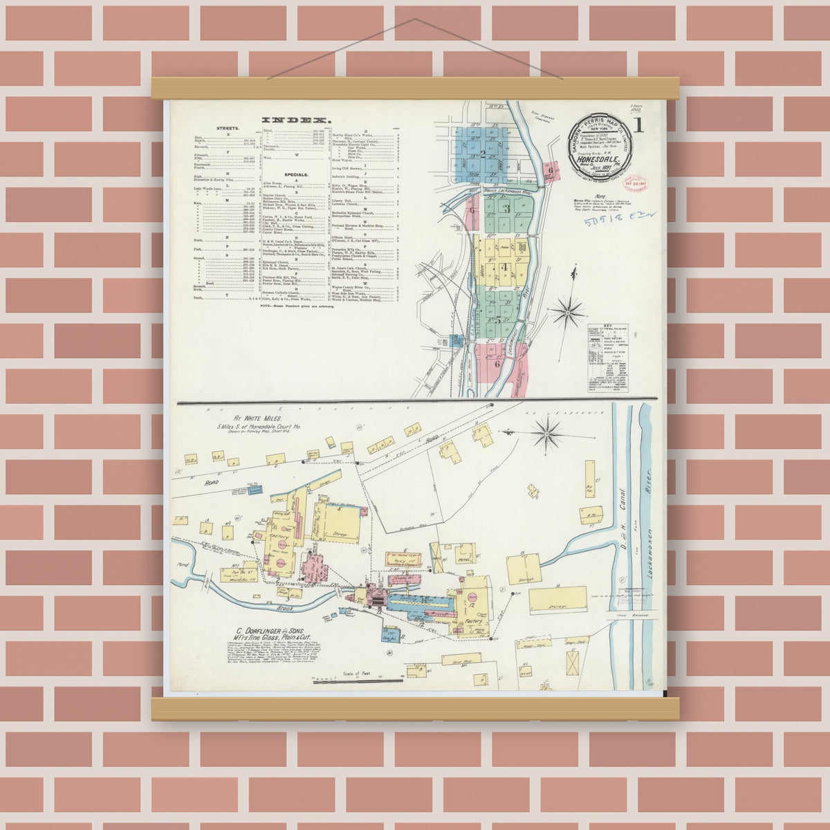 Old map wall art mockup — magnetic wood frame on brick wall — Sanborn Fire Insurance Map from Honesdale, Wayne County, Pennsylvania (1897) - Complete Map Set