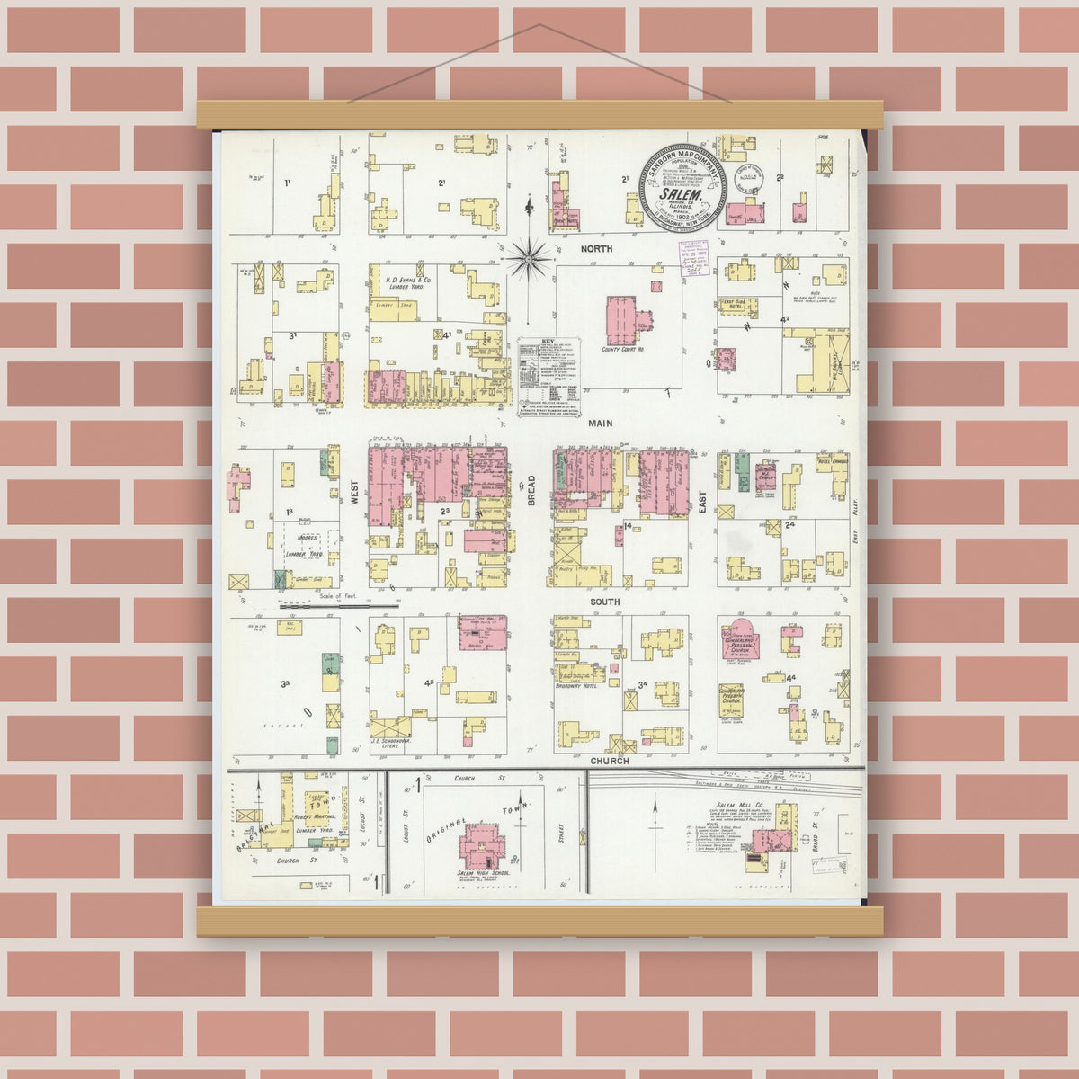 Old map wall art mockup — magnetic wood frame on brick wall — Sanborn Fire Insurance Map from Salem, Marion County, Illinois (1902) - Complete Map Set