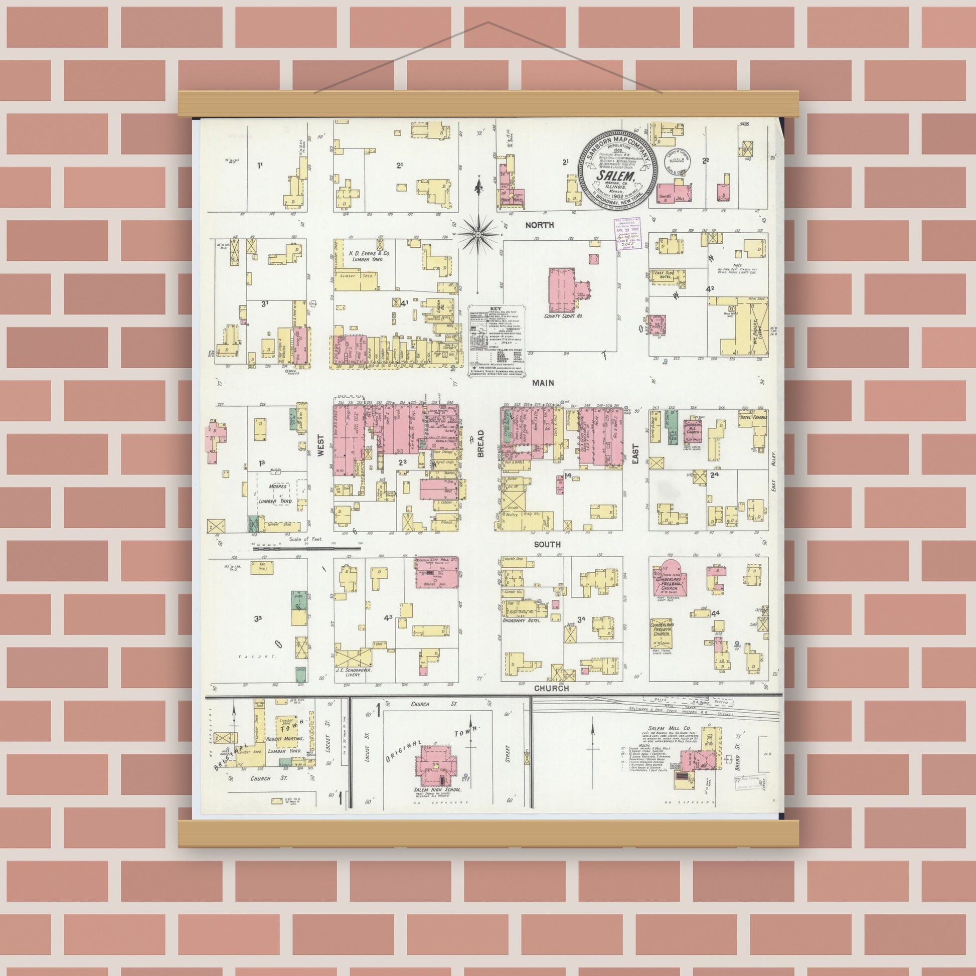 Old map wall art mockup — magnetic wood frame on brick wall — Sanborn Fire Insurance Map from Salem, Marion County, Illinois (1902) - Complete Map Set