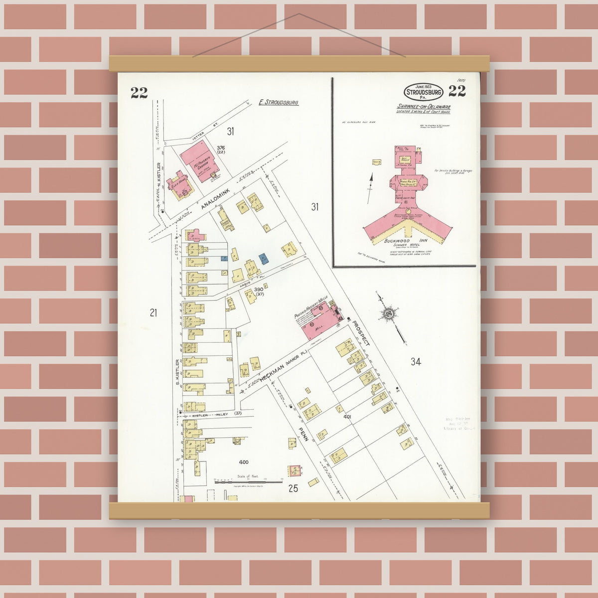 Old map wall art mockup — magnetic wood frame on brick wall — Sanborn Fire Insurance Map from Stroudsburg, Monroe County, Pennsylvania (1923), Sheet #0022