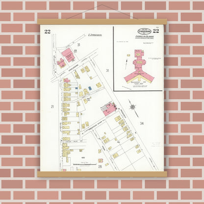 Old map wall art mockup — magnetic wood frame on brick wall — Sanborn Fire Insurance Map from Stroudsburg, Monroe County, Pennsylvania (1923), Sheet #0022