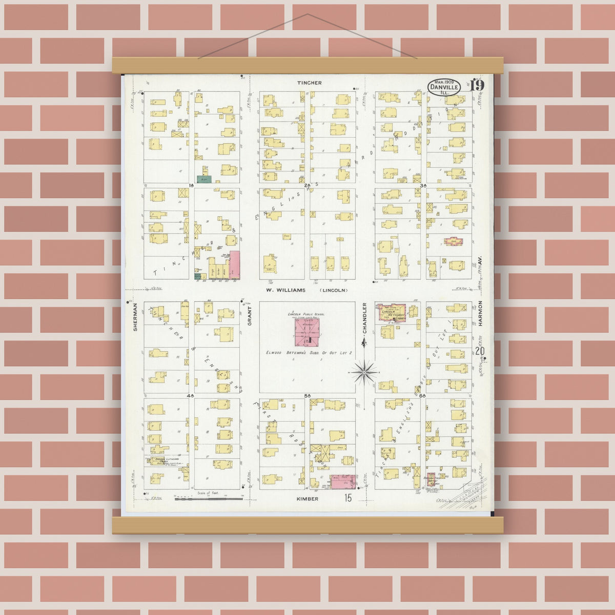 Old map wall art mockup — magnetic wood frame on brick wall — Sanborn Fire Insurance Map from Danville, Vermilion County, Illinois (1909), Sheet #0019