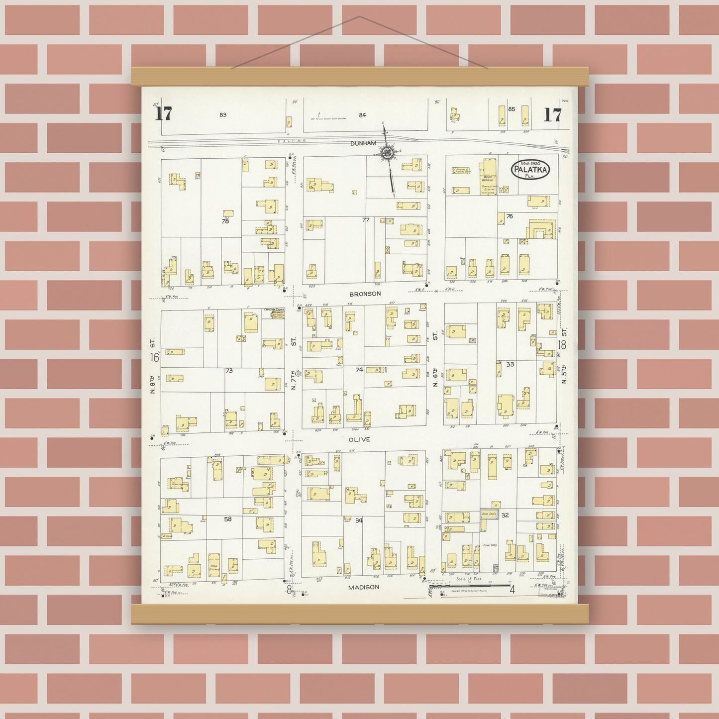 Old map wall art mockup — magnetic wood frame on brick wall — Sanborn Fire Insurance Map from Palatka, Putnam County, Florida (1924), Sheet #0017