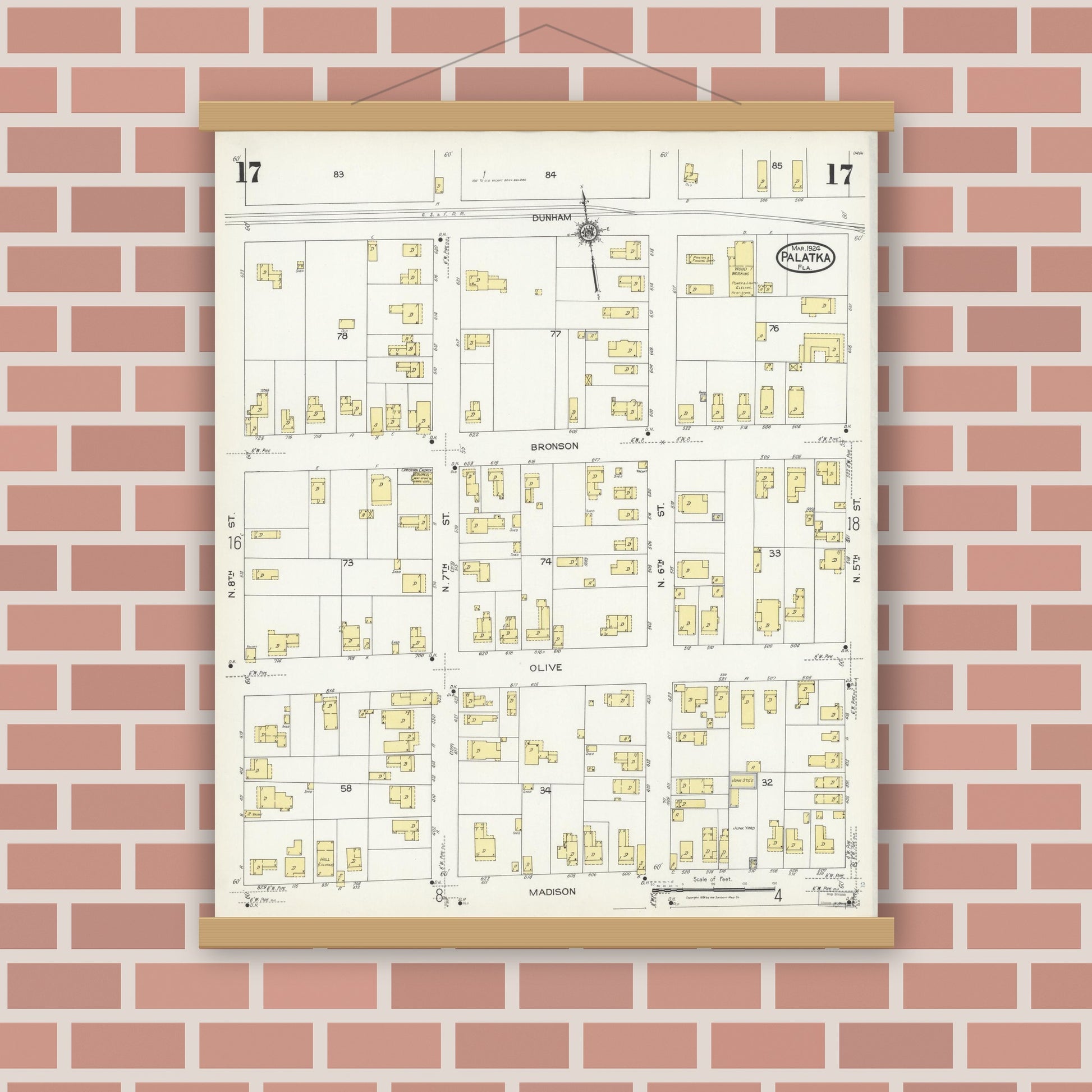 Old map wall art mockup — magnetic wood frame on brick wall — Sanborn Fire Insurance Map from Palatka, Putnam County, Florida (1924), Sheet #0017
