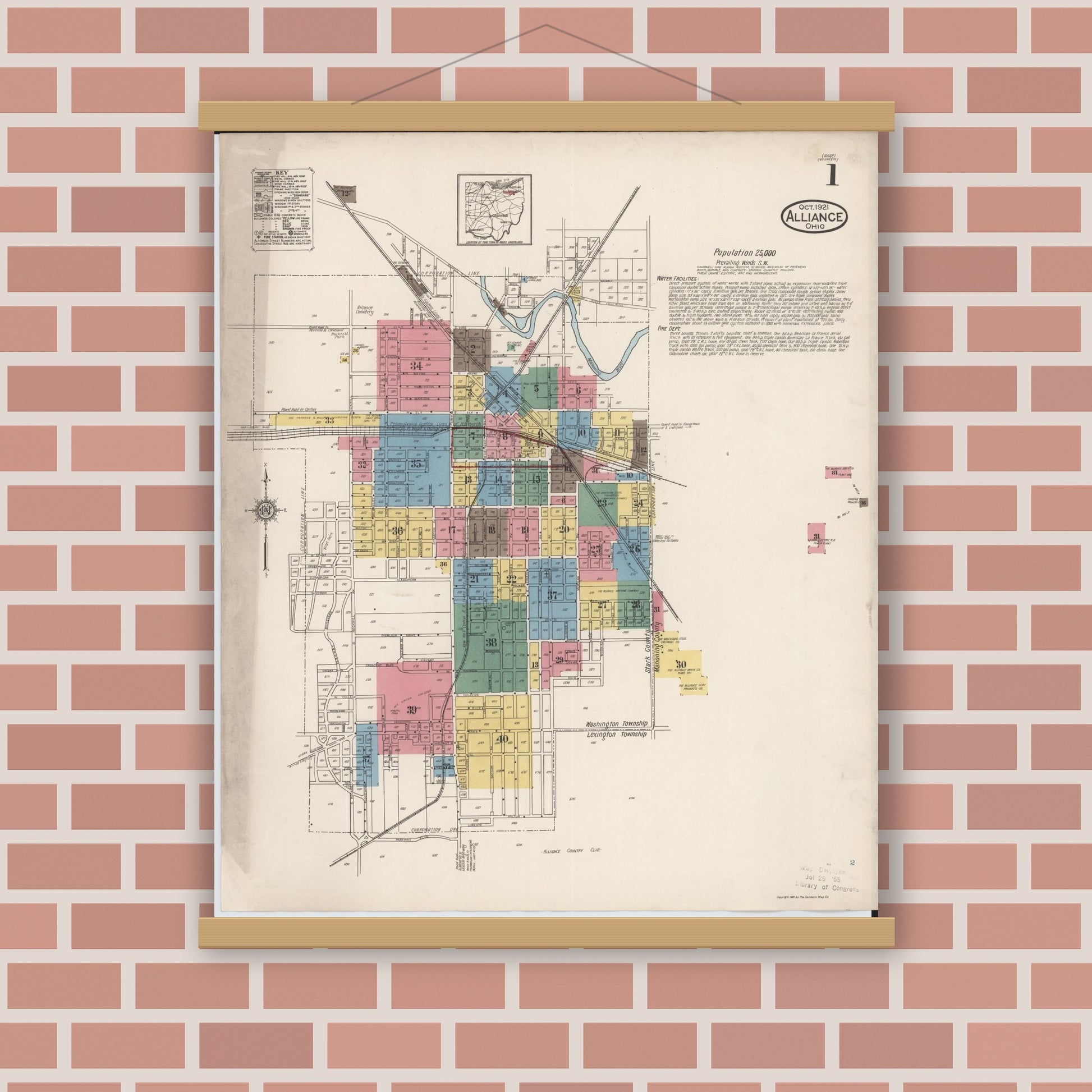 Old map wall art mockup — magnetic wood frame on brick wall — Sanborn Fire Insurance Map from Alliance, Stark County, Ohio (1921) - Complete Map Set