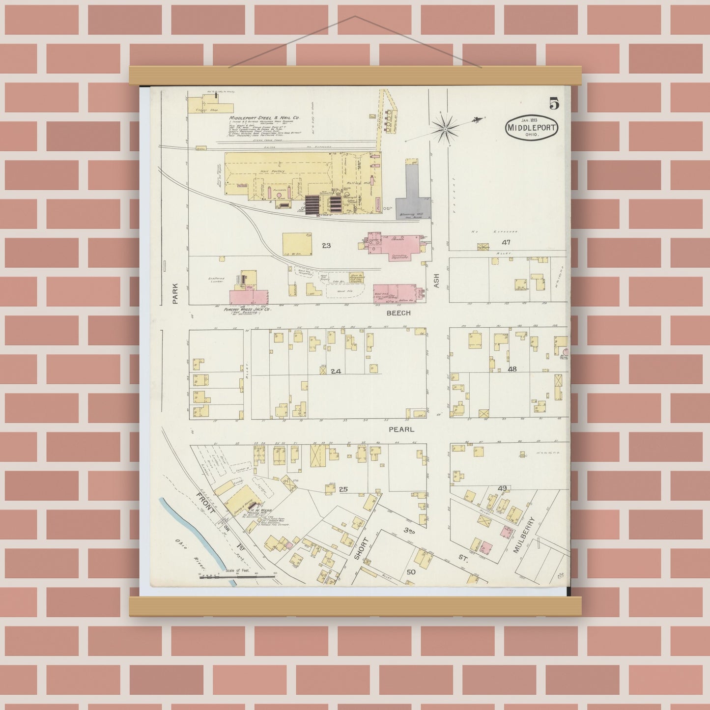 Old map wall art mockup — magnetic wood frame on brick wall — Sanborn Fire Insurance Map from Middleport, Meigs County, Ohio (1893), Sheet #0005