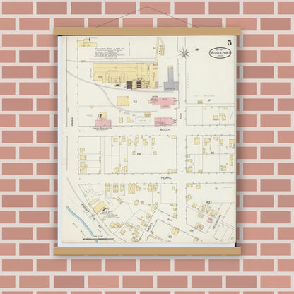 Old map wall art mockup — magnetic wood frame on brick wall — Sanborn Fire Insurance Map from Middleport, Meigs County, Ohio (1893), Sheet #0005
