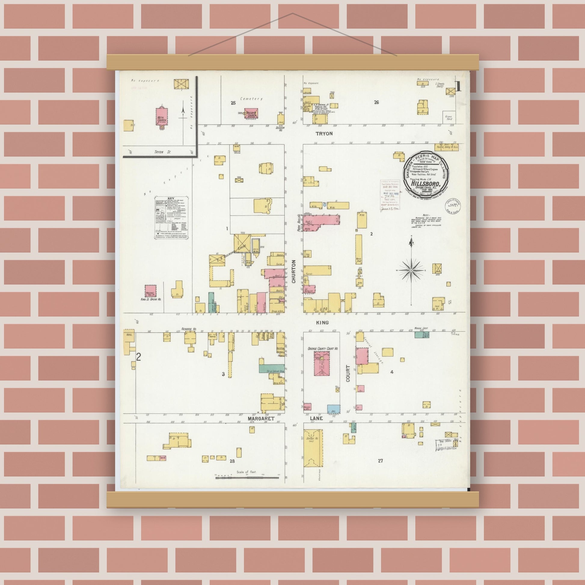 Old map wall art mockup — magnetic wood frame on brick wall — Sanborn Fire Insurance Map from Hillsboro, Orange County, North Carolina (1900) - Complete Map Set