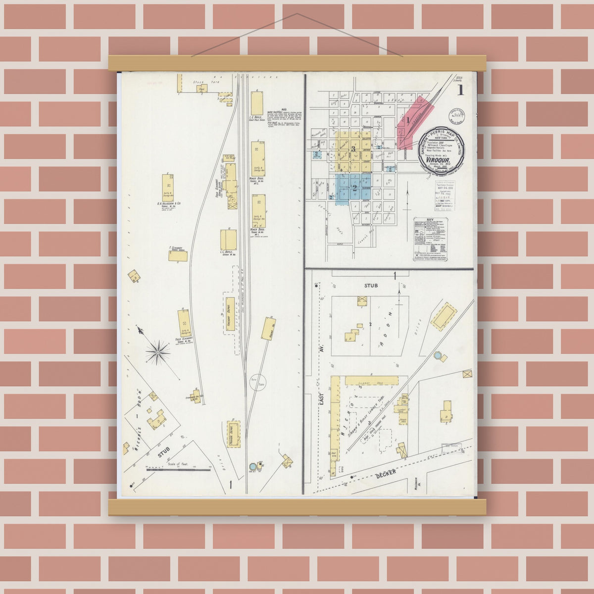 Old map wall art mockup — magnetic wood frame on brick wall — Sanborn Fire Insurance Map from Viroqua, Vernon County, Wisconsin (1900), Sheet #0001