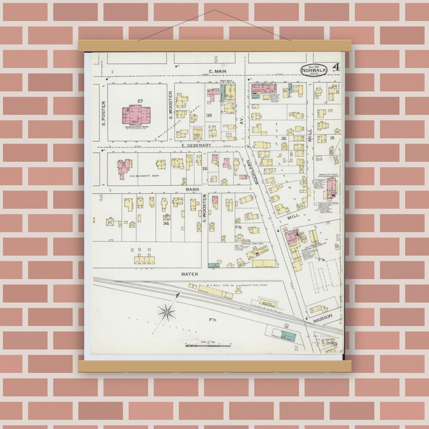 Old map wall art mockup — magnetic wood frame on brick wall — Sanborn Fire Insurance Map from Norwalk, Huron County, Ohio (1893), Sheet #0004