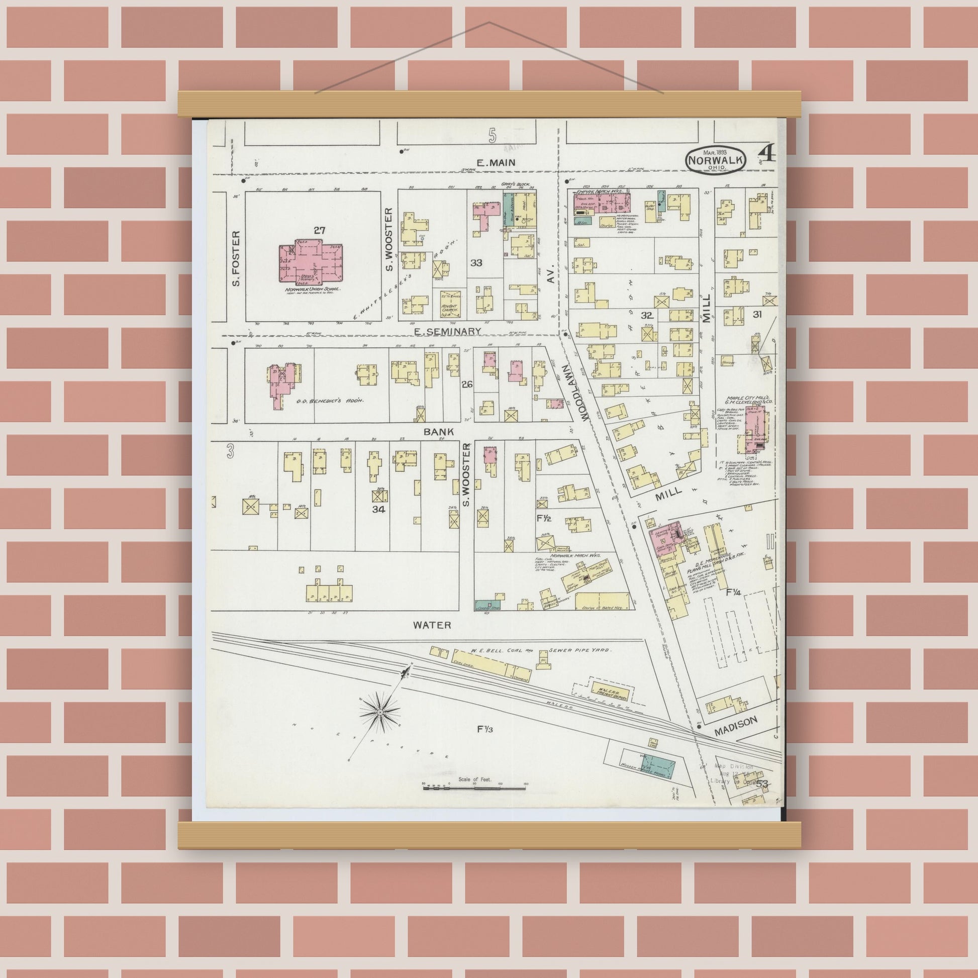 Old map wall art mockup — magnetic wood frame on brick wall — Sanborn Fire Insurance Map from Norwalk, Huron County, Ohio (1893), Sheet #0004