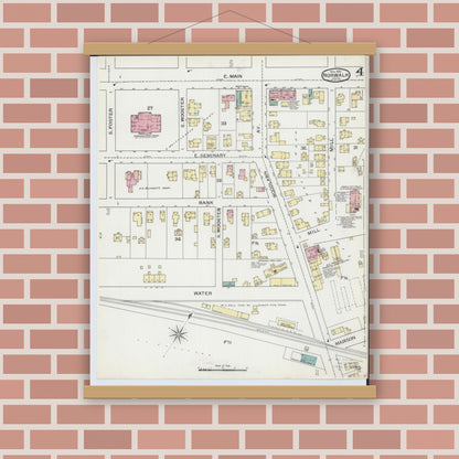 Old map wall art mockup — magnetic wood frame on brick wall — Sanborn Fire Insurance Map from Norwalk, Huron County, Ohio (1893), Sheet #0004