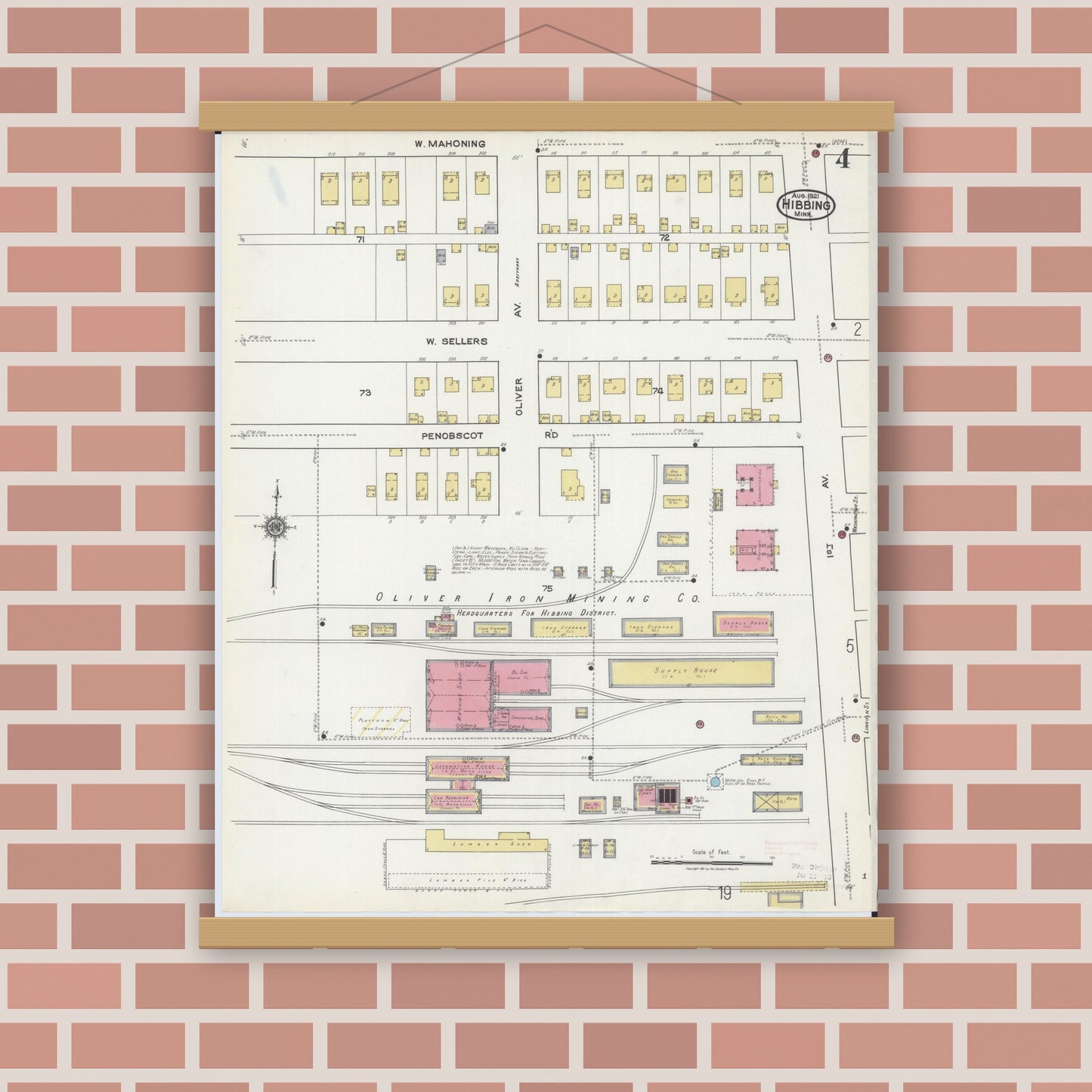 Old map wall art mockup — magnetic wood frame on brick wall — Sanborn Fire Insurance Map from Hibbing, Saint Louis County, Minnesota (1921), Sheet #0004