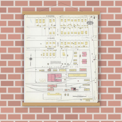 Old map wall art mockup — magnetic wood frame on brick wall — Sanborn Fire Insurance Map from Hibbing, Saint Louis County, Minnesota (1921), Sheet #0004