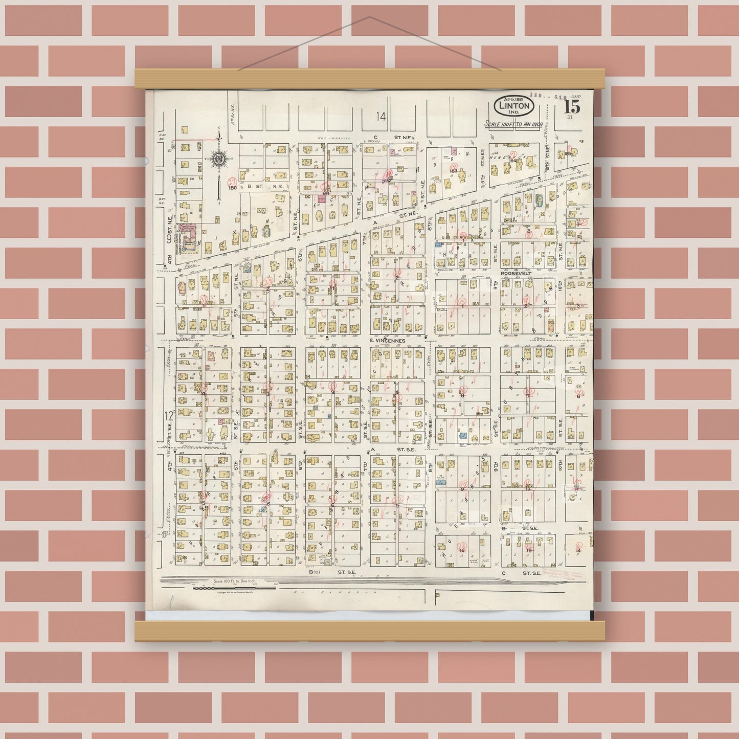 Old map wall art mockup — magnetic wood frame on brick wall — Sanborn Fire Insurance Map from Linton, Greene County, Indiana (1948), Sheet #0015