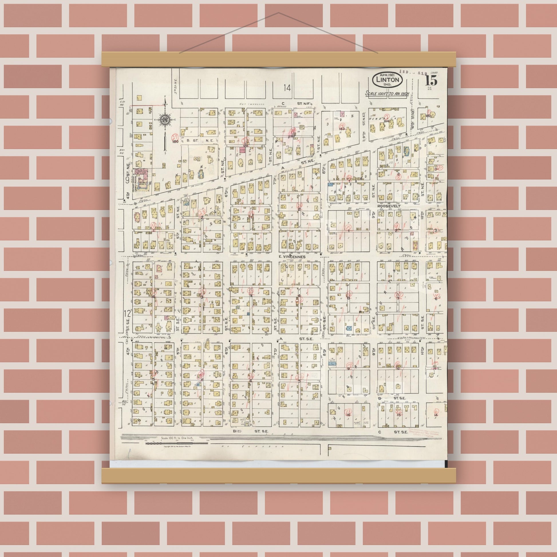 Old map wall art mockup — magnetic wood frame on brick wall — Sanborn Fire Insurance Map from Linton, Greene County, Indiana (1948), Sheet #0015