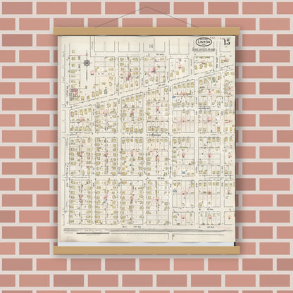 Old map wall art mockup — magnetic wood frame on brick wall — Sanborn Fire Insurance Map from Linton, Greene County, Indiana (1948), Sheet #0015