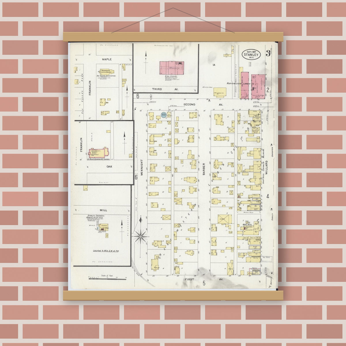 Old map wall art mockup — magnetic wood frame on brick wall — Sanborn Fire Insurance Map from Stanley, Chippewa County, Wisconsin (1907), Sheet #0003