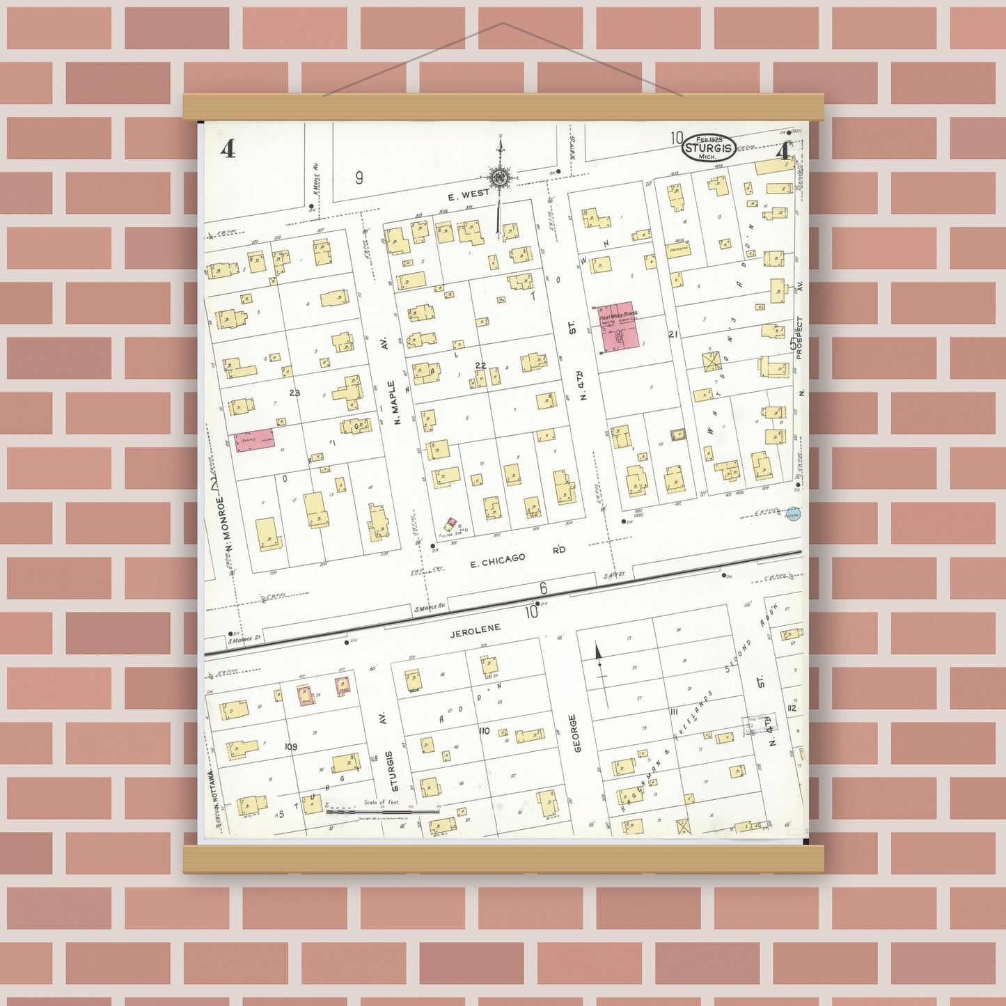 Old map wall art mockup — magnetic wood frame on brick wall — Sanborn Fire Insurance Map from Sturgis, Saint Joseph County, Michigan (1923), Sheet #0004