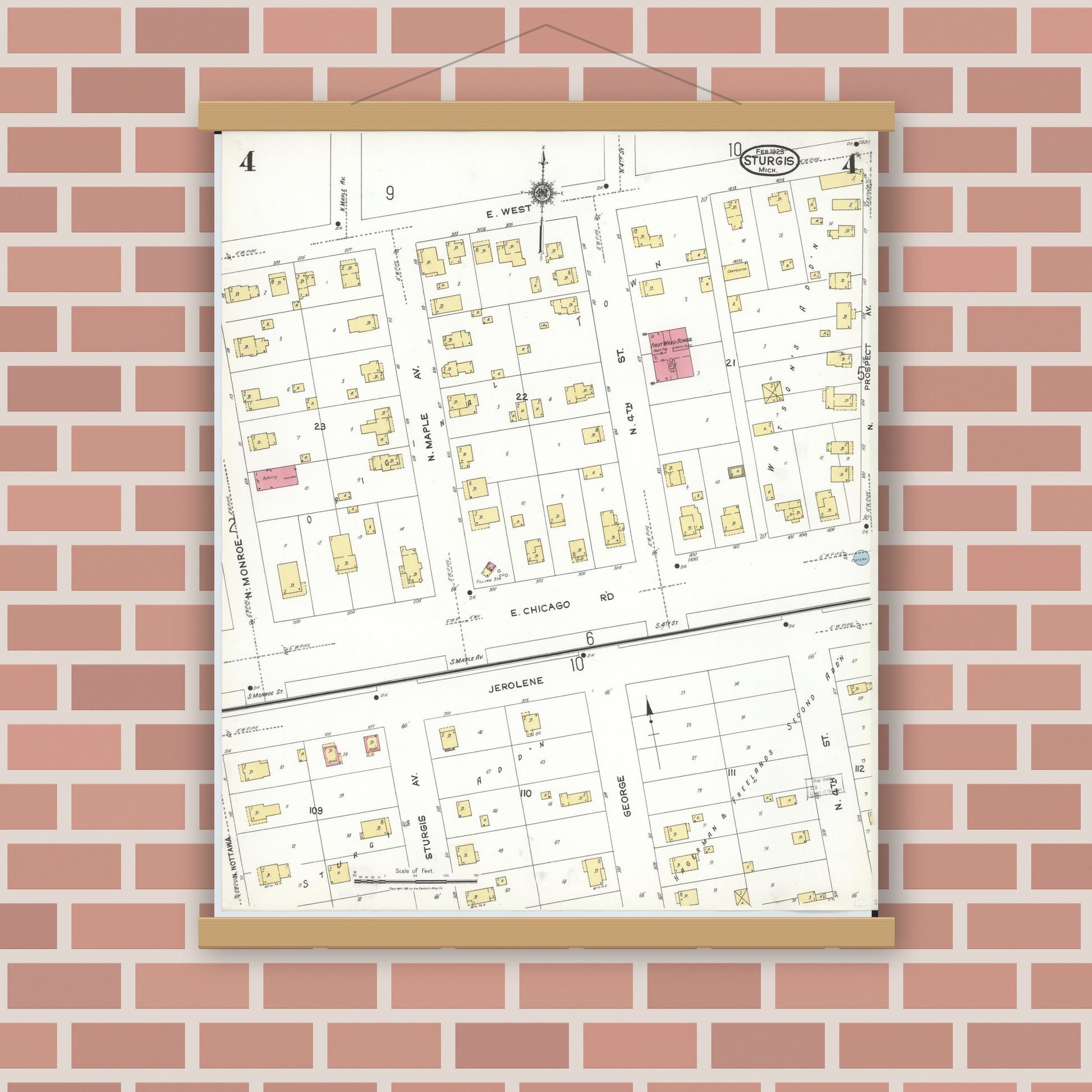 Old map wall art mockup — magnetic wood frame on brick wall — Sanborn Fire Insurance Map from Sturgis, Saint Joseph County, Michigan (1923), Sheet #0004